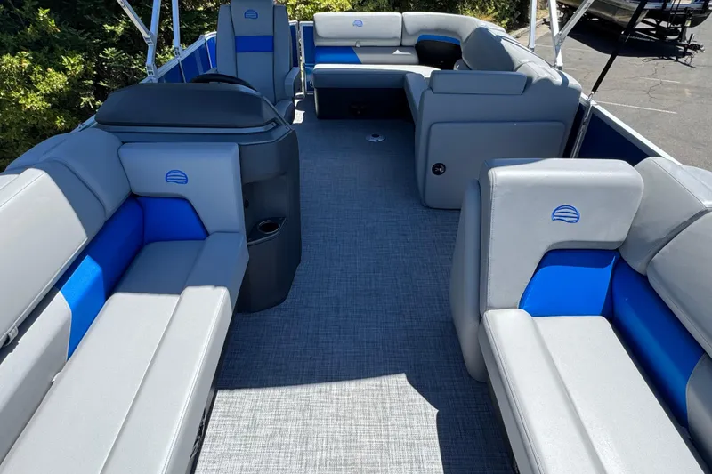 Slide: The Image of 2026 Sun Tracker Party Barge 20 DLX interior with spacious seating and modern design. - 19