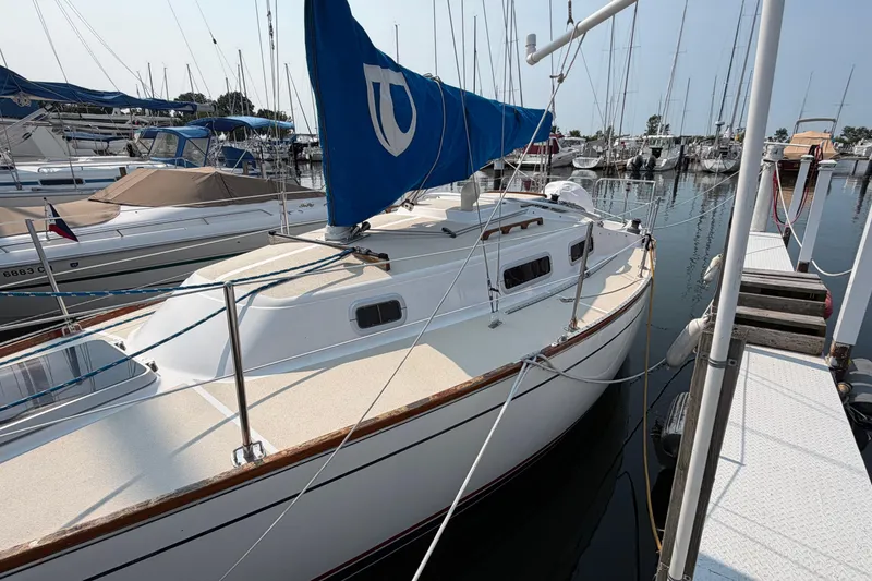 Slide: The Image of Sailboat docked at marina, 1991 Tartan 28 Piper, with blue sail cover. - 3