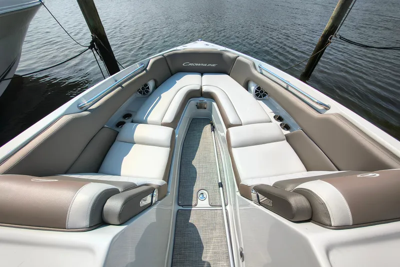 Slide: The Image of 2023 Crownline 290 SS boat interior with luxurious seating and modern design. - 12