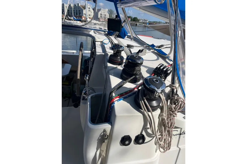 Slide: The Image of Cockpit view of 2013 Fountaine Pajot Lipari 41 catamaran with winches and ropes. - 14
