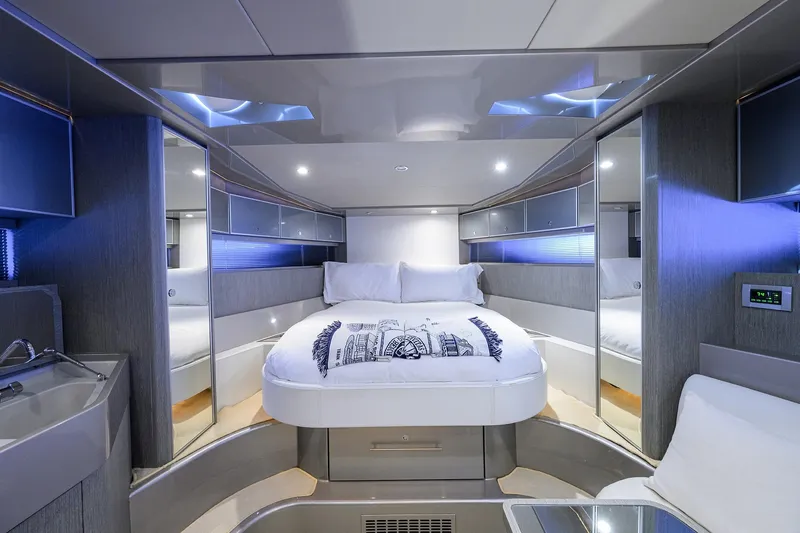 Slide: The Image of Luxurious interior of 2014 Riva 44' Rivarama yacht with modern design and elegant bedding. - 65