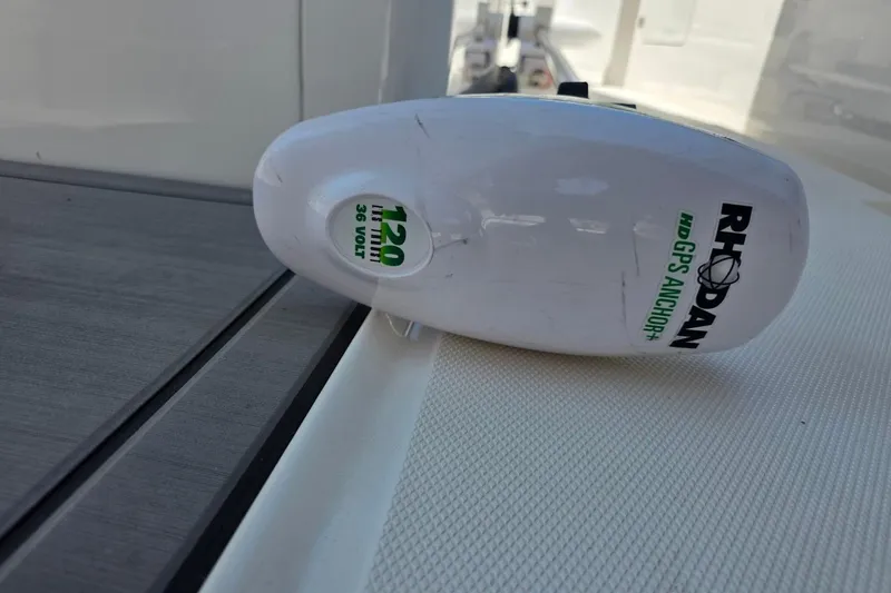 Slide: The Image of Rhodan HD GPS Anchor on 2023 Solace 32CS boat deck, 120 lb thrust, 36 volt. - 7