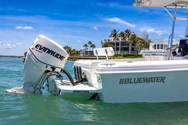 Slide: The Image of 2006 Bluewater 2150 CC boat with Evinrude engine on clear water, coastal background. - 14