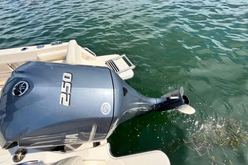 Slide: The Image of Outboard motor on 2021 Grady-White Freedom 215 boat in water. - 34