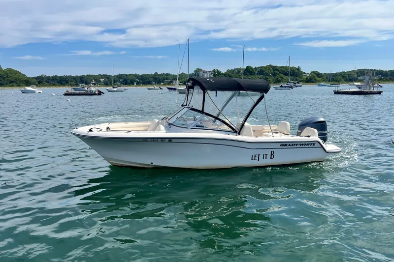 The Image of 2021 Grady-White Freedom 215 boat on calm water, featuring a sleek design and canopy. - 0