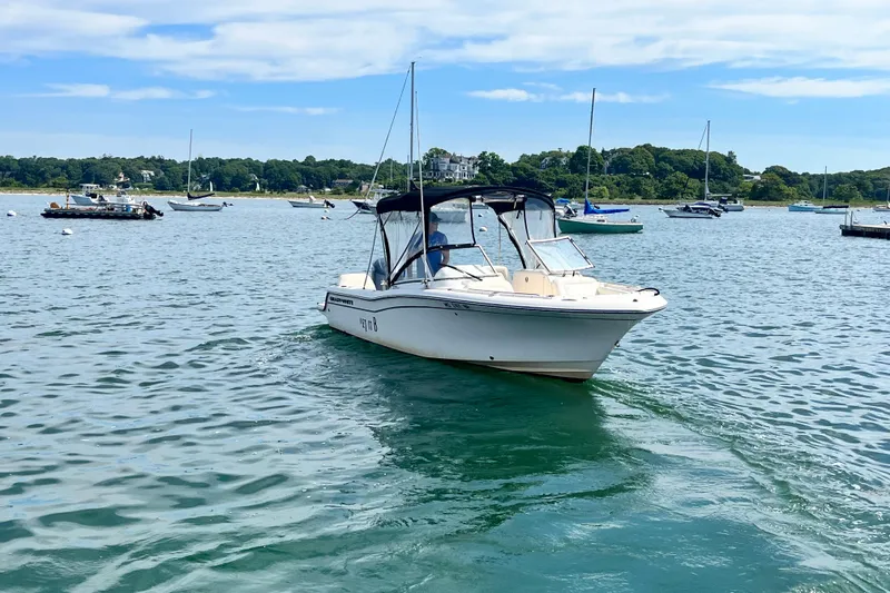 Slide: The Image of 2021 Grady-White Freedom 215 boat cruising on a scenic lake with sailboats. - 5