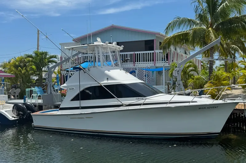 The Image of 1991 Ocean Yachts 35 Super Sport docked near tropical house and palm trees. - 0