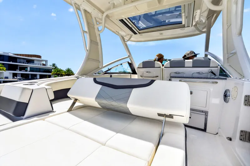 Slide: The Image of 2023 Chaparral 280 OSX boat interior with luxurious seating and modern design. - 72