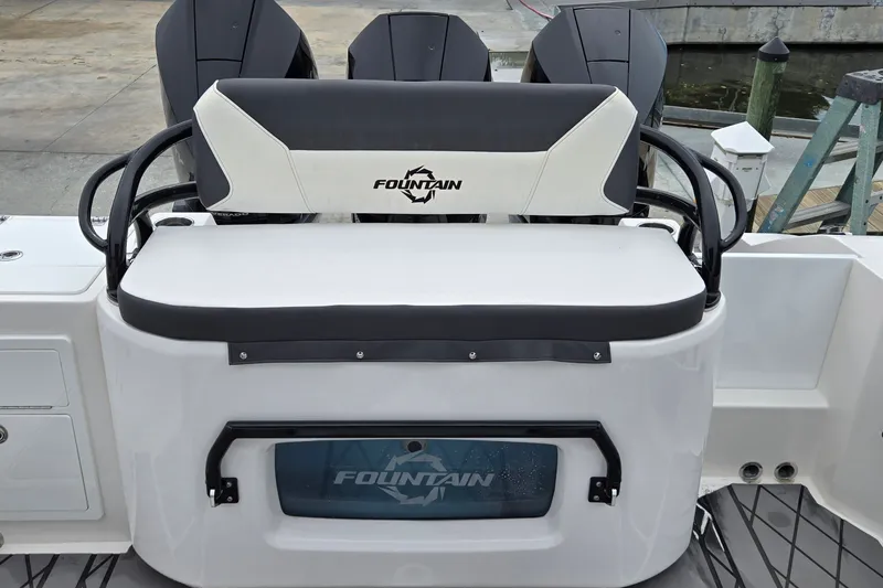 Slide: The Image of 2024 Fountain 32 NX Sportfish boat seat with logo, featuring sleek design and modern aesthetics. - 14