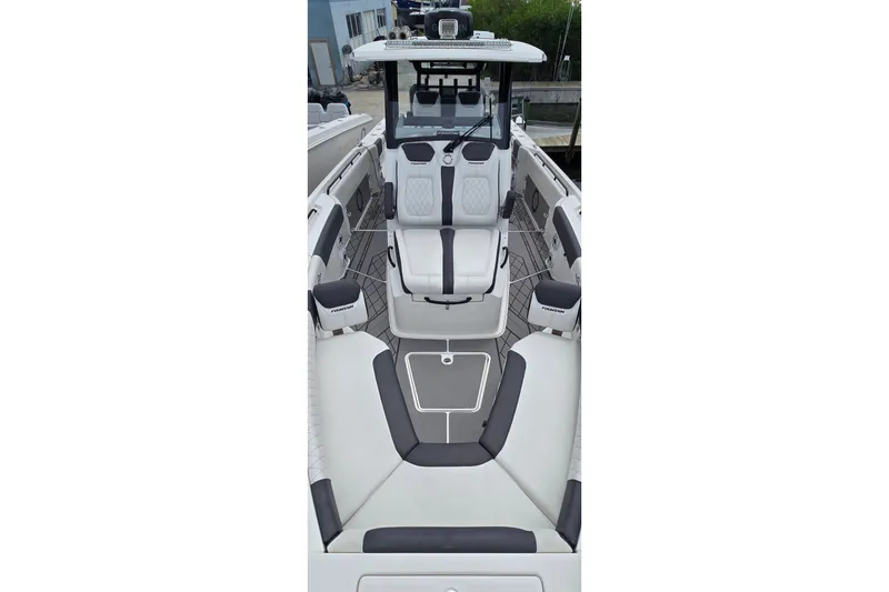 Slide: The Image of 2024 Fountain 32 NX Sportfish boat interior with sleek seating and modern design. - 30