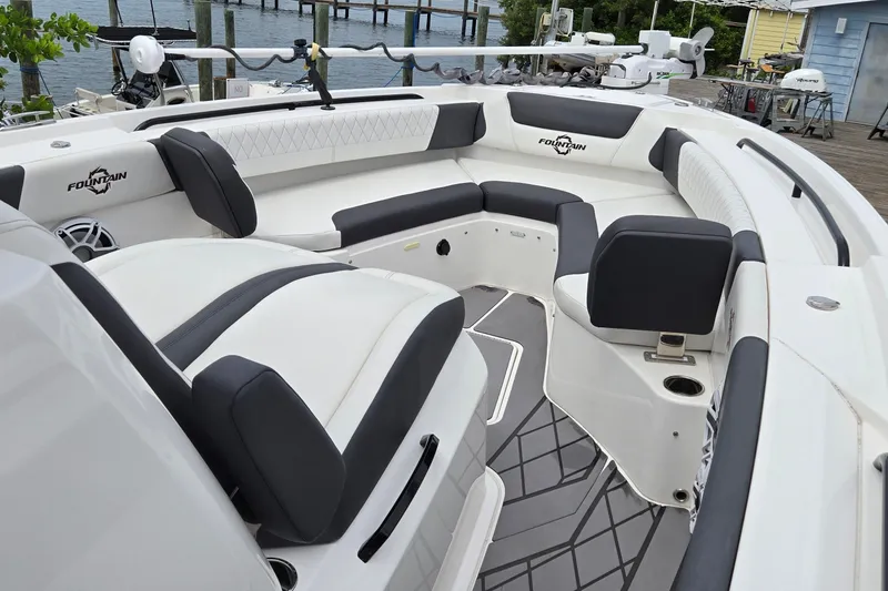 Slide: The Image of 2024 Fountain 32 NX Sportfish boat interior with sleek seating and modern design. - 31