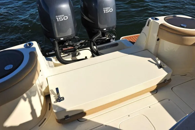 Slide: The Image of The image shows the stern of a 2020 Scout 277 LXF boat with two Yamaha 150 engines. - 20