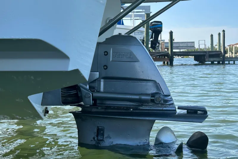 Slide: The Image of Close-up of a 2009 Regal 2400 Bowrider's Volvo Penta outdrive in water. - 72