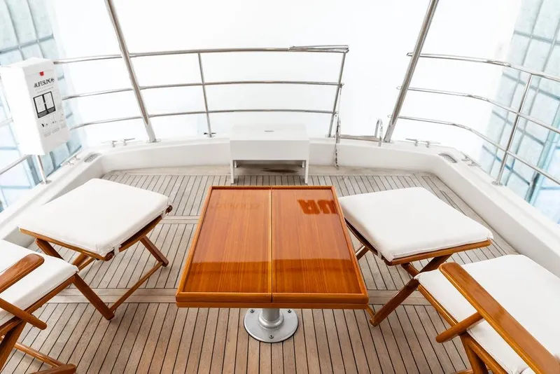Slide: The Image of Luxurious 2012 Dettling Motoryacht deck with wooden table and cushioned chairs. - 21