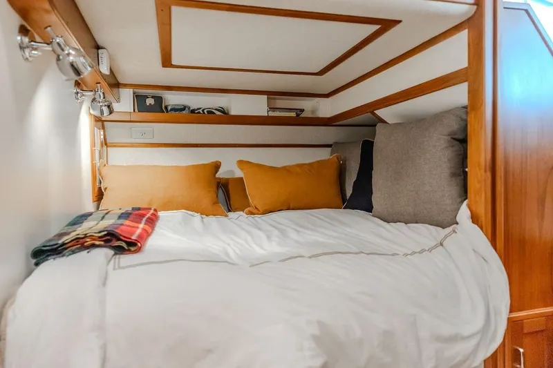 Slide: The Image of Cozy cabin bed in 2012 Dettling Motoryacht with pillows and plaid blanket. - 36