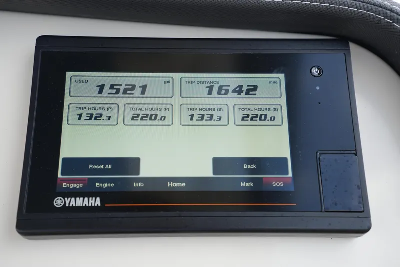 Slide: The Image of Yamaha display showing fuel usage and trip data for 2018 Grady-White Freedom 325 boat. - 39