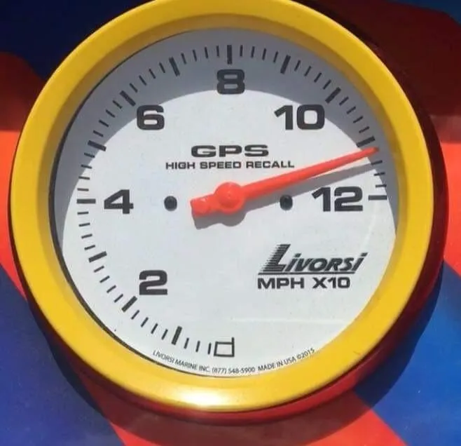 Slide: The Image of A Livorsi speedometer with a yellow rim shows 12. It features GPS and high-speed recall. - 15