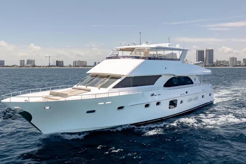 Slide: The Image of Luxurious 2016 Hargrave Flybridge Motor Yacht cruising near city skyline. - 95