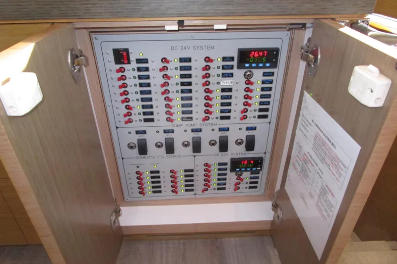 Slide: The Image of Electrical control panel on a 2016 Hargrave Flybridge Motor Yacht, featuring DC 24V and 12V systems. - 21
