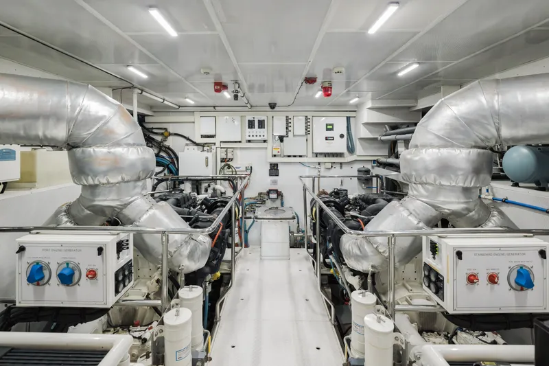 Slide: The Image of Engine room of a 2016 Hargrave Flybridge Motor Yacht, featuring dual generators and advanced systems. - 82