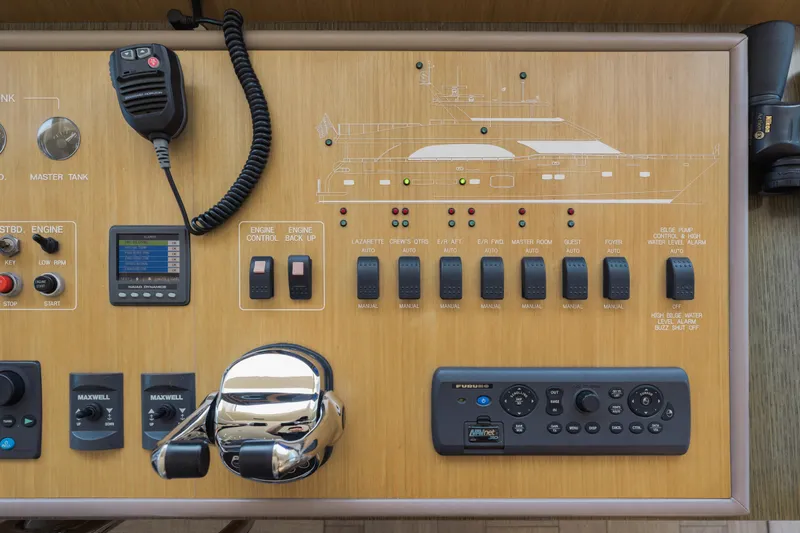 Slide: The Image of Control panel of a 2016 Hargrave Flybridge Motor Yacht with various switches and controls. - 20
