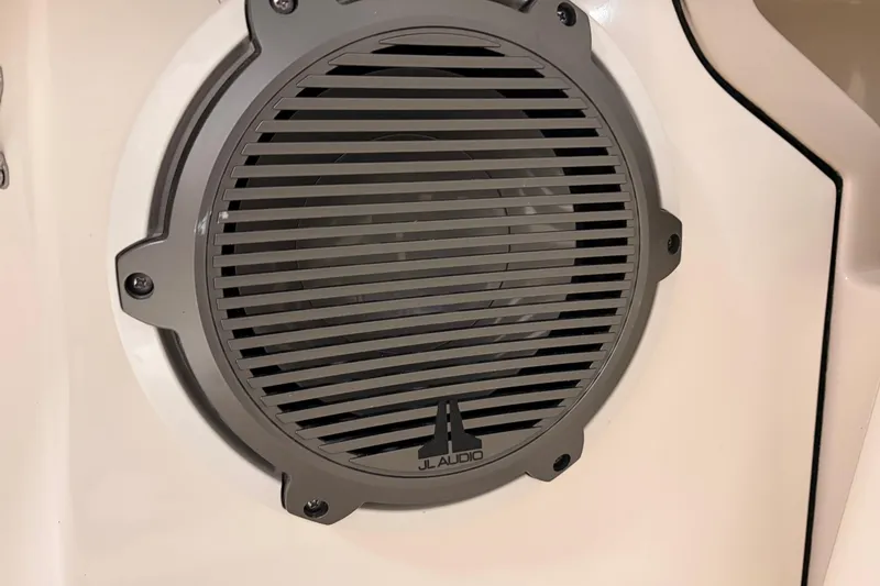 Slide: The Image of Speaker grille on 2026 Boston Whaler 240 Vantage boat, featuring JL Audio branding. - 10