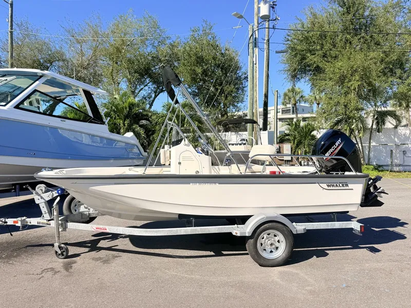 Slide: The Image of A 2027 Boston Whaler 150 Montauk on a trailer, ready for the water. - 7