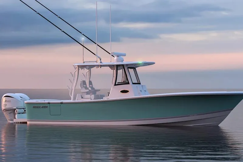 The Image of A sleek, modern boat with a turquoise hull and twin outboard engines on calm water. - 0