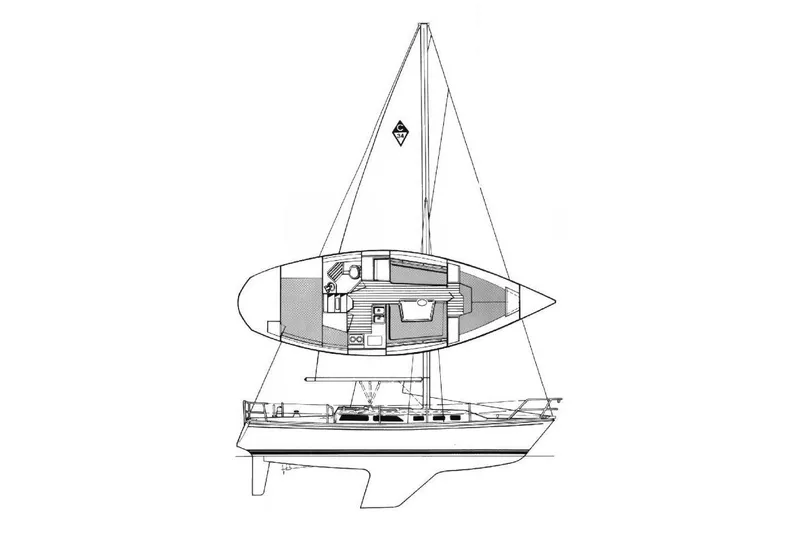 Slide: The Image of Blueprint of a 1986 Catalina 34 sailboat, showcasing interior layout and side profile. - 16