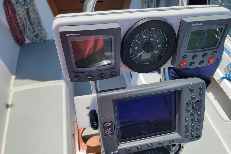 Slide: The Image of Cockpit instruments on a 1986 Catalina 34 sailboat, featuring navigation and wind gauges. - 14
