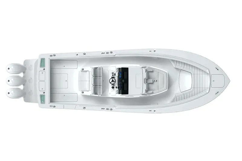 Slide: The Image of Manufacturer Provided Image: Top view of 2026 Regulator 37 boat with triple engines and spacious deck layout. - 12