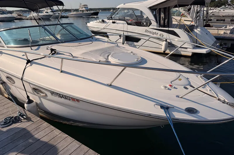 Slide: The Image of 2009 Monterey 250 Cruiser docked at marina, featuring sleek design and spacious deck. - 1