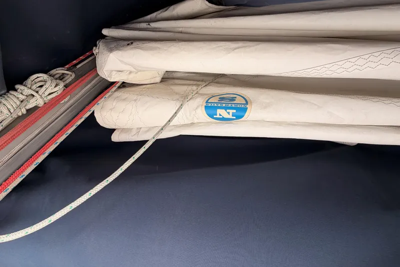 Slide: The Image of Folded sail and ropes inside a 1997 Hunter 430 sailboat. - 25