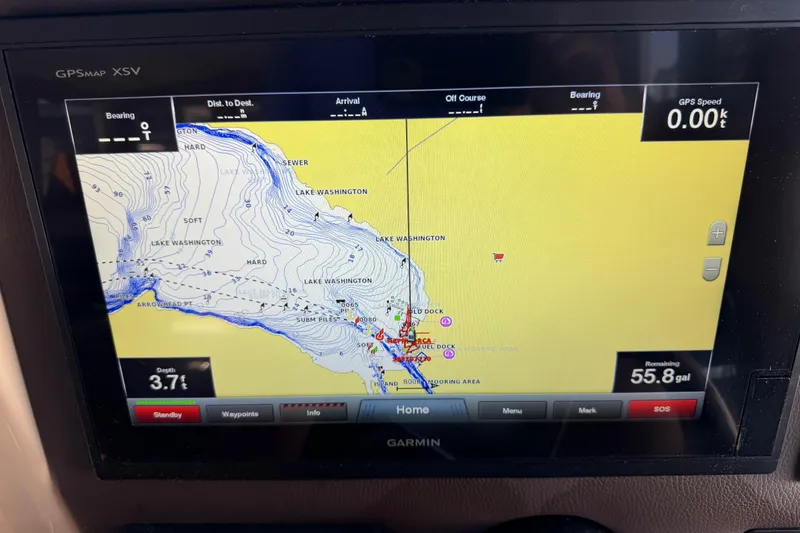 Slide: The Image of Garmin GPS display on 2017 Ranger Tugs R-31 S, showing Lake Washington navigation map. - 29