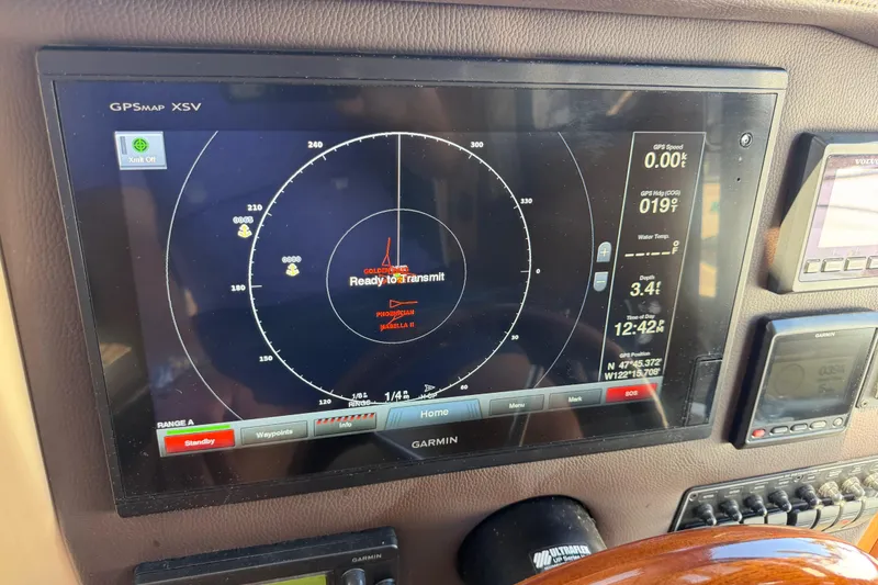Slide: The Image of Garmin GPS display on 2017 Ranger Tugs R-31 S boat dashboard, showing navigation data. - 30