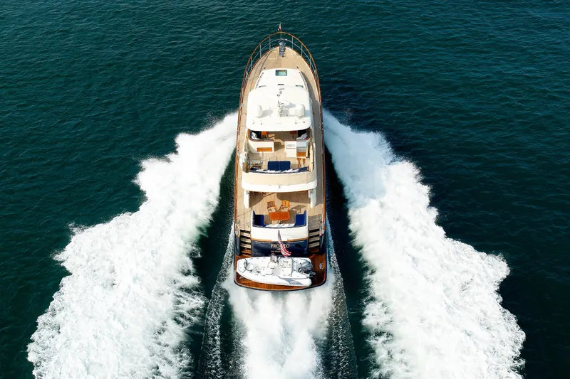 Slide: The Image of Aerial view of 2016 Hunt Yachts 72 FB cruising on open water. - 87