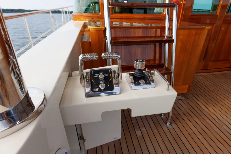 Slide: The Image of Control panel on 2016 Hunt Yachts 72 FB, featuring throttle and joystick controls. - 64