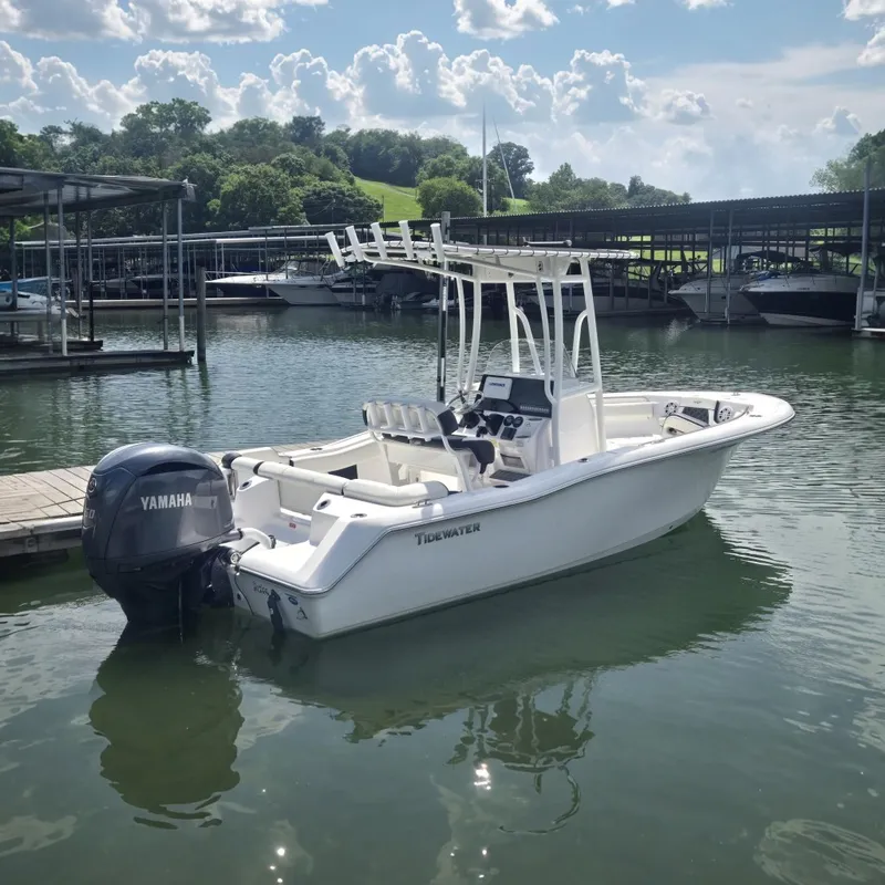 The Image of 2023 Tidewater 210 LXF boat with Yamaha engine docked in a serene marina setting. - 0
