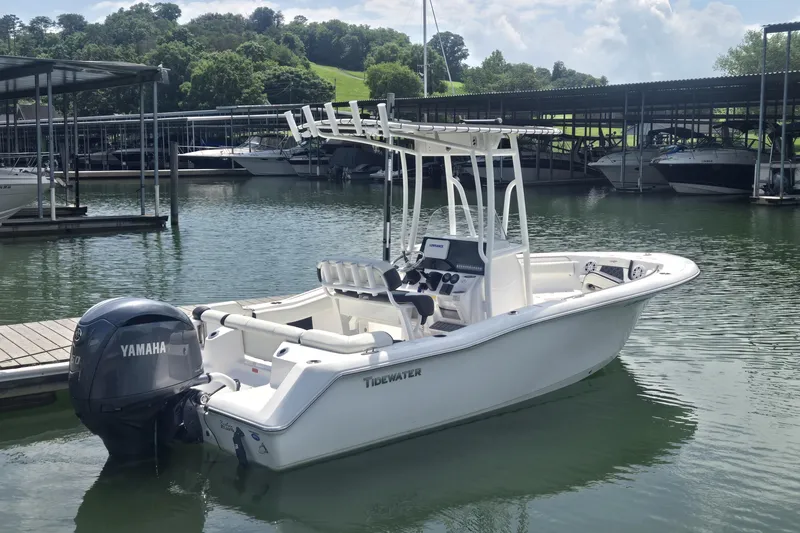 Slide: The Image of 2023 Tidewater 210 LXF boat with Yamaha engine docked in a serene marina setting. - 0