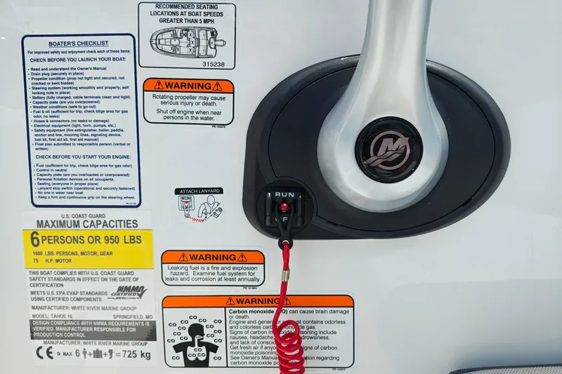 Slide: The Image of Safety and capacity labels on a 2026 Tahoe T16 boat, featuring warnings and instructions. - 14