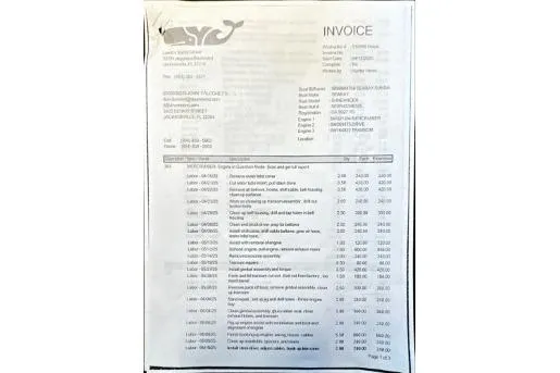 Slide: The Image of Invoice detailing services for 2005 Sea Ray 270 Sundeck boat maintenance. - 15