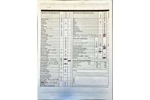 Slide: The Image of Checklist for 2005 Sea Ray 270 Sundeck, detailing systems, electronics, and overall condition. - 16