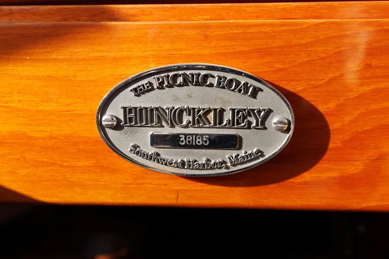 Slide: The Image of Hinckley Picnic Boat 36 Classic nameplate on polished wood, Southwest Harbor, Maine. - 38
