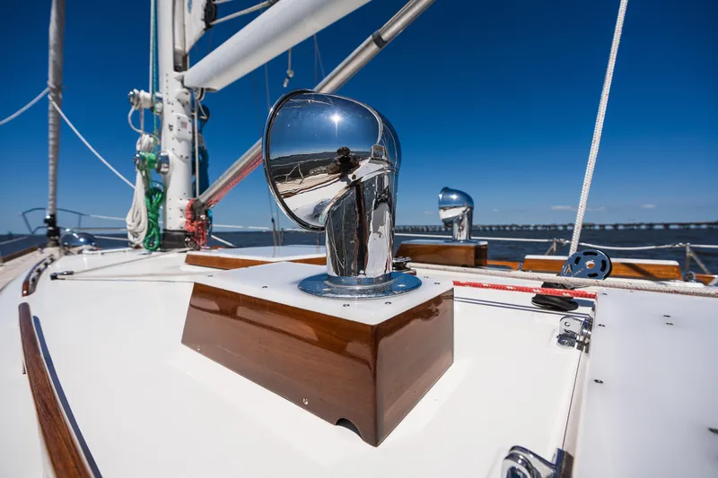 Slide: The Image of Hinckley Sou'wester 51 sailboat deck with polished chrome details, 1985 model. - 42