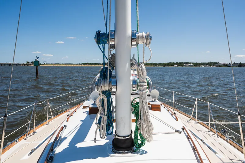 Slide: The Image of Hinckley Sou'wester 51 sailboat deck view, 1985 model, sailing on a sunny day. - 48