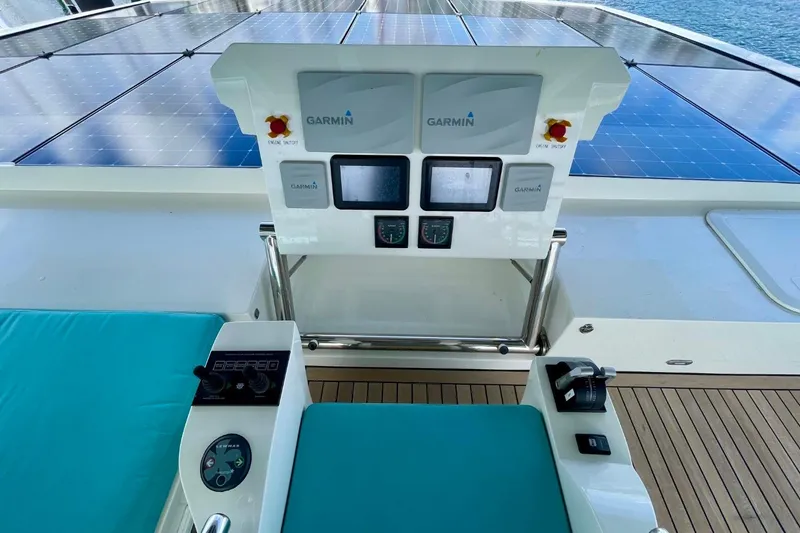 Slide: The Image of Helm of Serenity 64 yacht, featuring Garmin navigation and solar panels, 2018 model. - 17