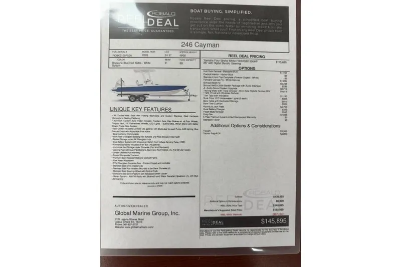 Slide: The Image of 2026 Robalo 246 Cayman boat features and pricing sheet with specifications and options. - 10