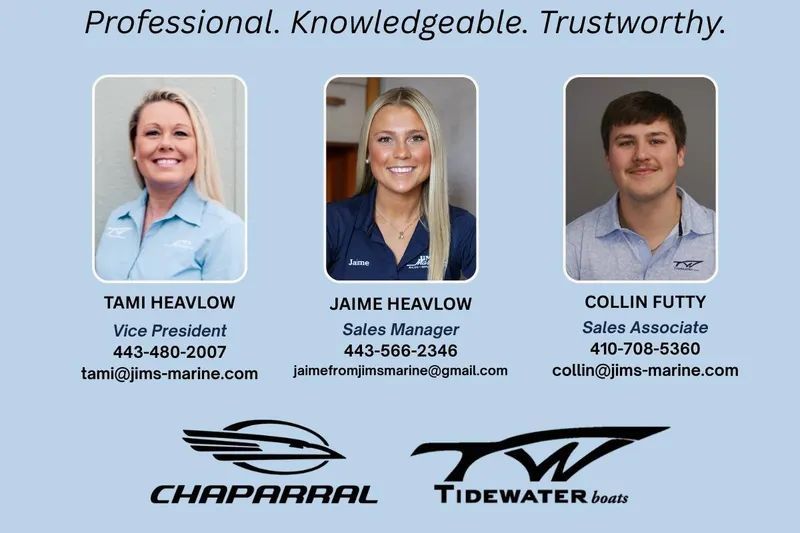Slide: The Image of Three sales team members from Chaparral and Tidewater Boats with contact information. - 60