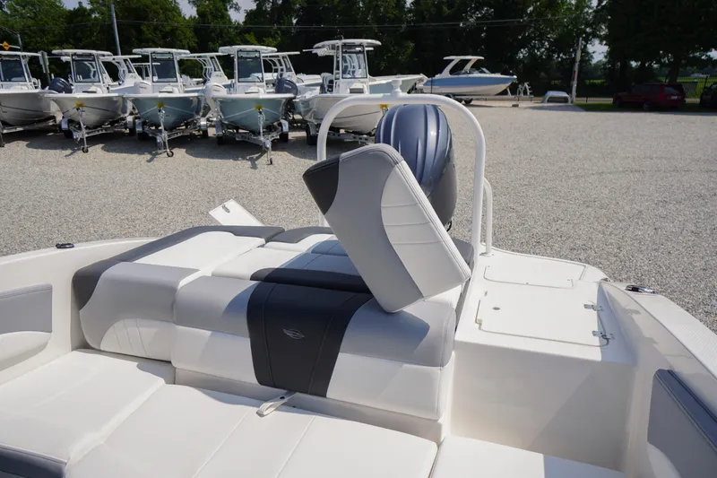 Slide: The Image of 2026 Chaparral 21 SSi OB boat interior with seating and outboard motor. - 36