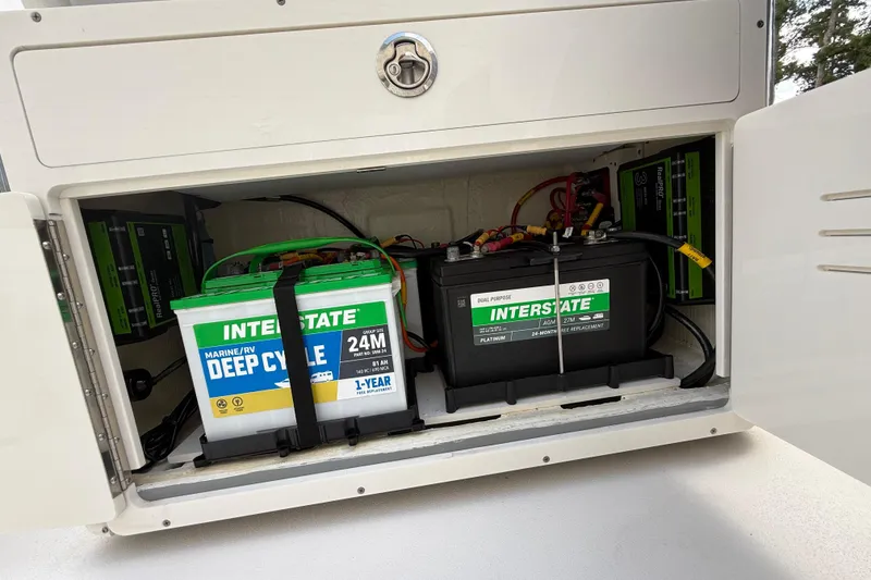 Slide: The Image of 2024 Pathfinder 2600 TRS battery compartment with Interstate marine deep cycle and dual-purpose batteries. - 13